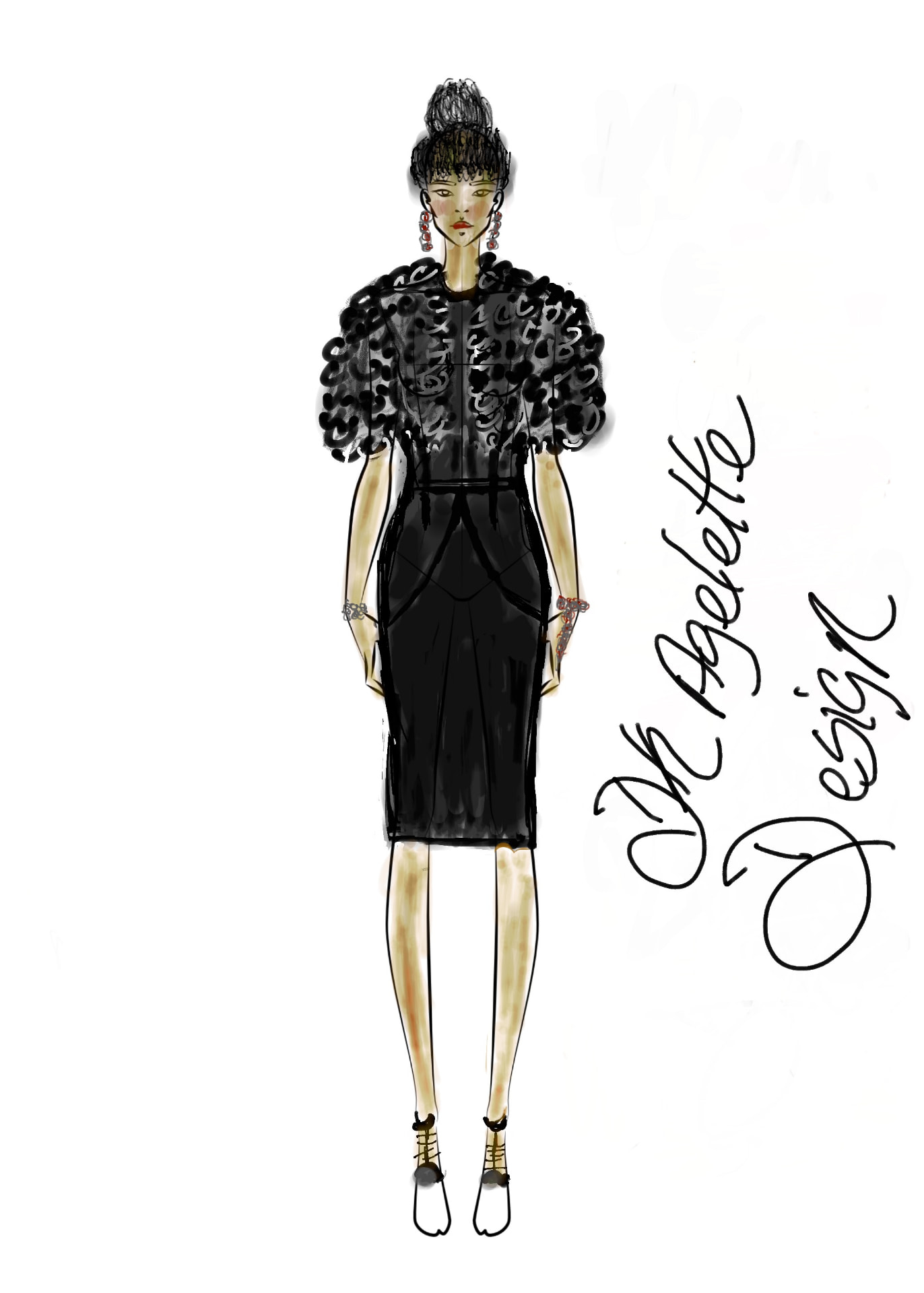 An original DK Angelette fashion sketch of a black cocktail look